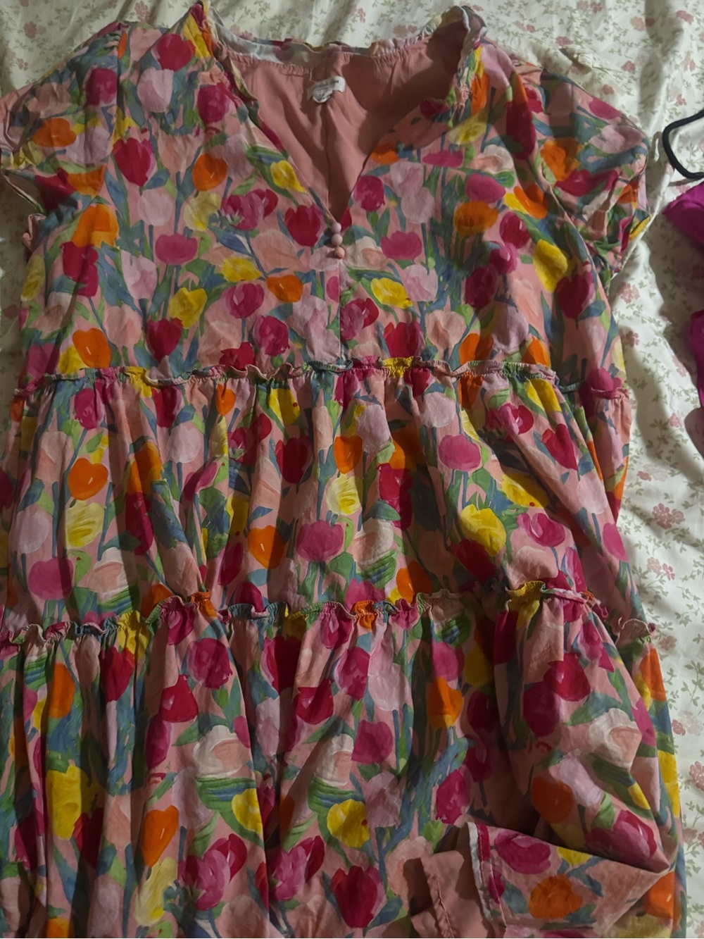 Chic Soul Pink Floral Tiered Dress with Multicolor Tulip Print